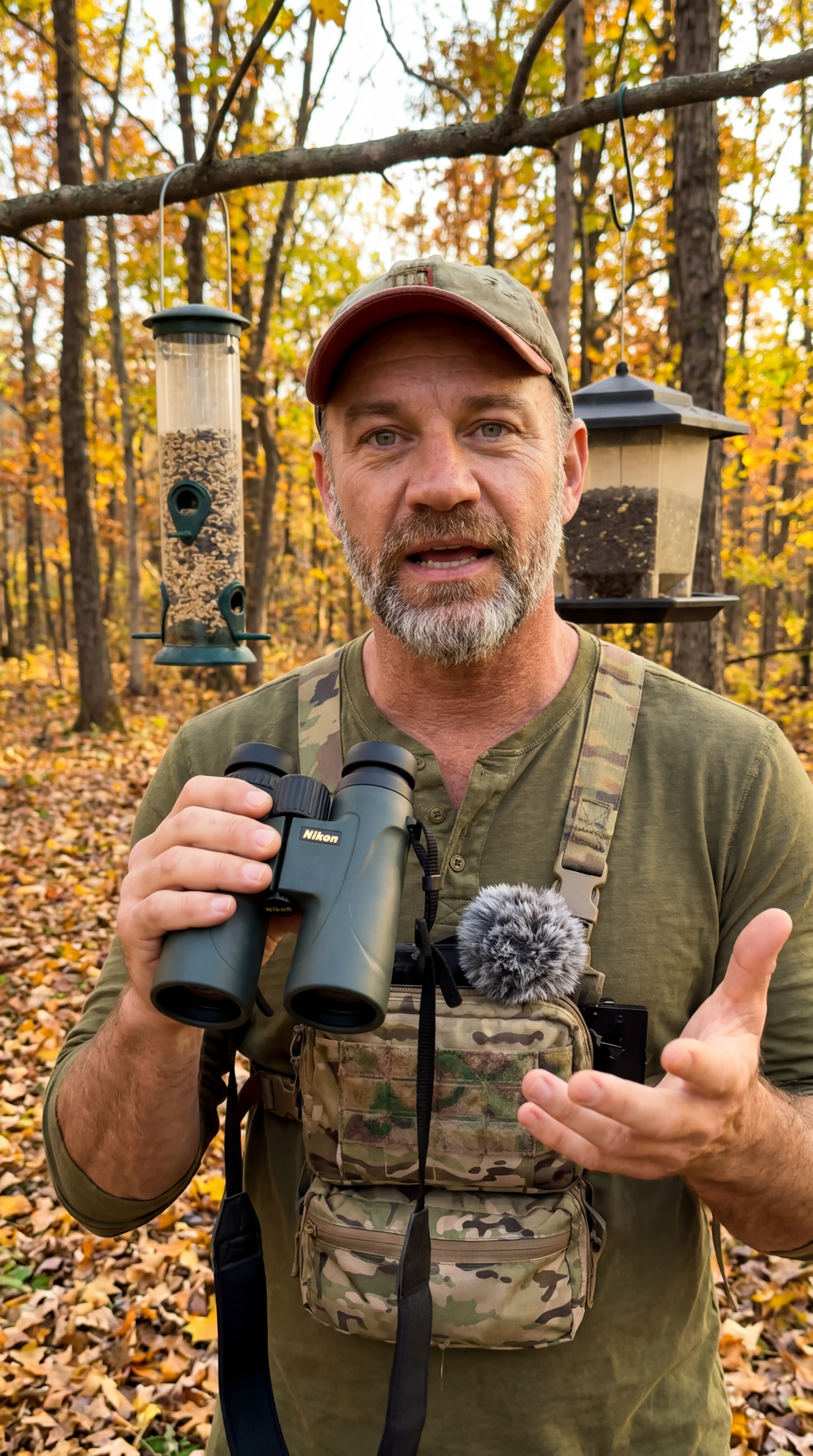 Hank Mosser with binoculars in the autumn forest