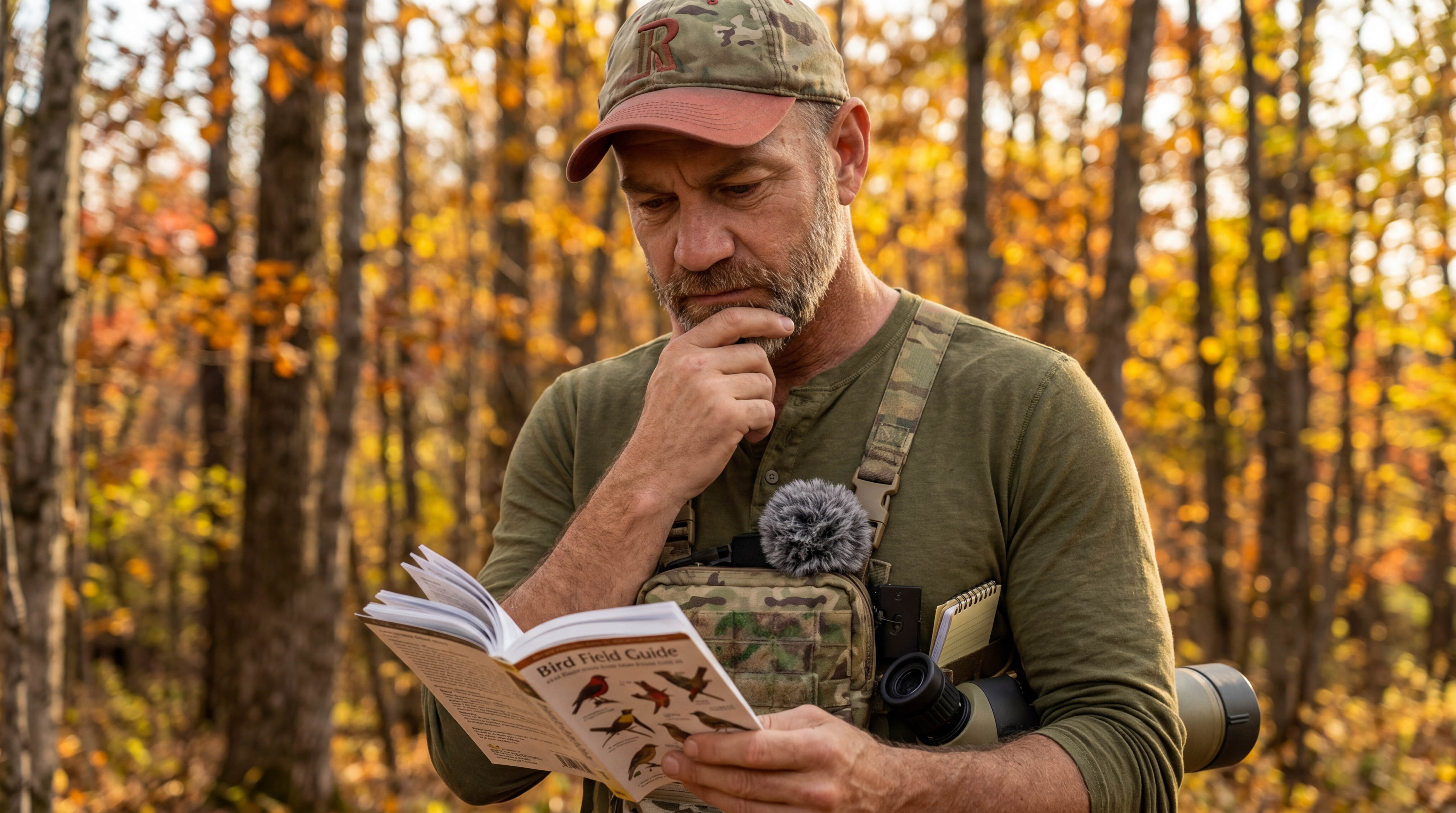 Hank studying a field guide in the autumn woods